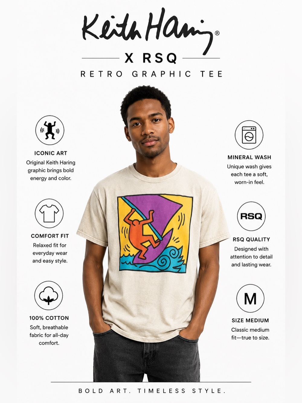 Keith Haring X RSQ Tee Shirt T- shirt size Medium Mineral Wash Tan Retro M